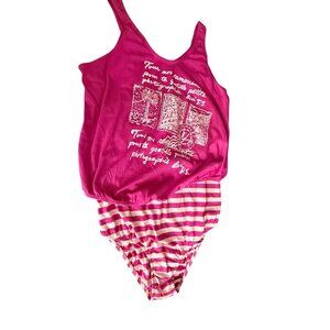Vintage 80s 2-Piece Leotard & Graphic Crop Tank Set - Fuchsia Pink - Size M